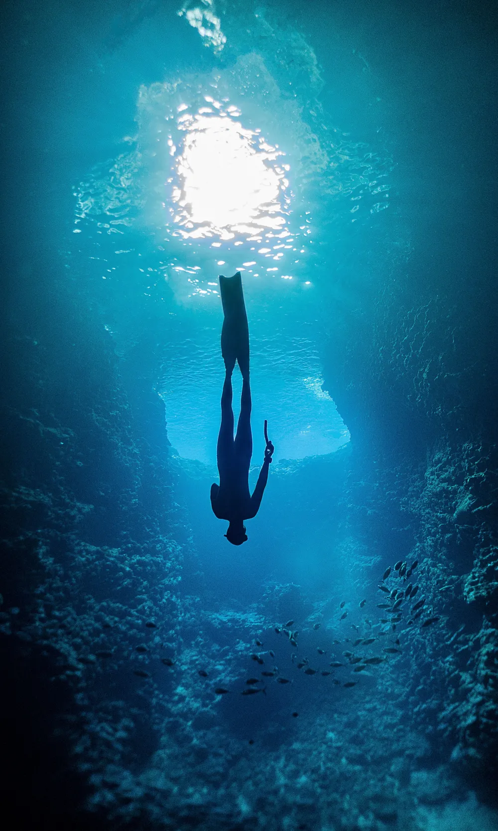 Apneista in apnea scende verso il fondale, illuminato da un fascio di luce